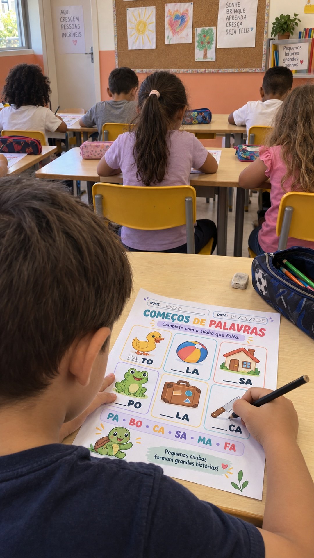 Cena ilustrativa 4: crianças realizando atividades de alfabetização em sala de aula